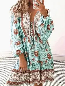 Women's Bohemian Vacation Dress, Casual Wear, Floral Print V-Neck Long Sleeve, Button Decor, Elastic Waist A-Line, Suitable for All Seasons