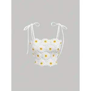 Chic Sunflower Crop Top - Sexy Lace-Up Cami with Ruffled Detail, Polyester & Elastane Blend, Machine Washable - Ideal for Spring/Summer/Fall