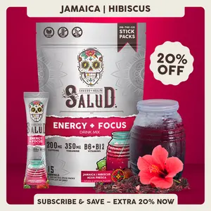 Salud 2-in-1 [Energy + Focus – Jamaica | Hibiscus] Clean Energy Drink Mix, Agua Fresca, Organic Caffeine, B6 & B12, L-Theanine, Drink Packets, Non-GMO, Gluten Free, Vegan, Low Calorie, 1g Sugar (15 Servings)