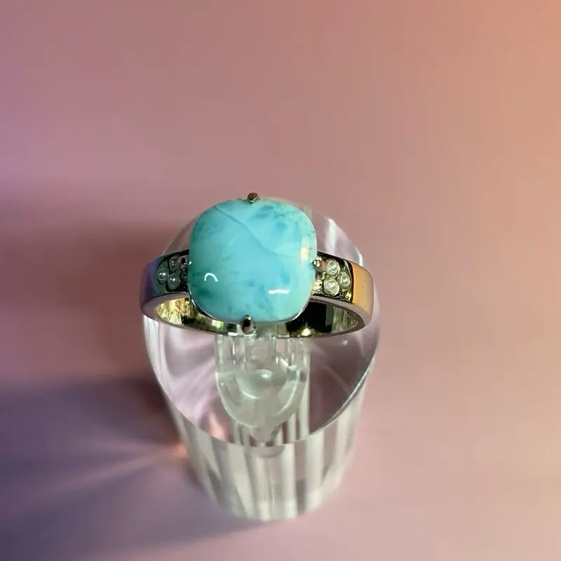Dominican Republic square Larimar Ring Size 8 with Thick Band & Small Triple AAA CZ Stones on Sides