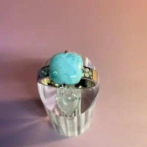 Dominican Republic square Larimar Ring Size 8 with Thick Band & Small Triple AAA CZ Stones on Sides