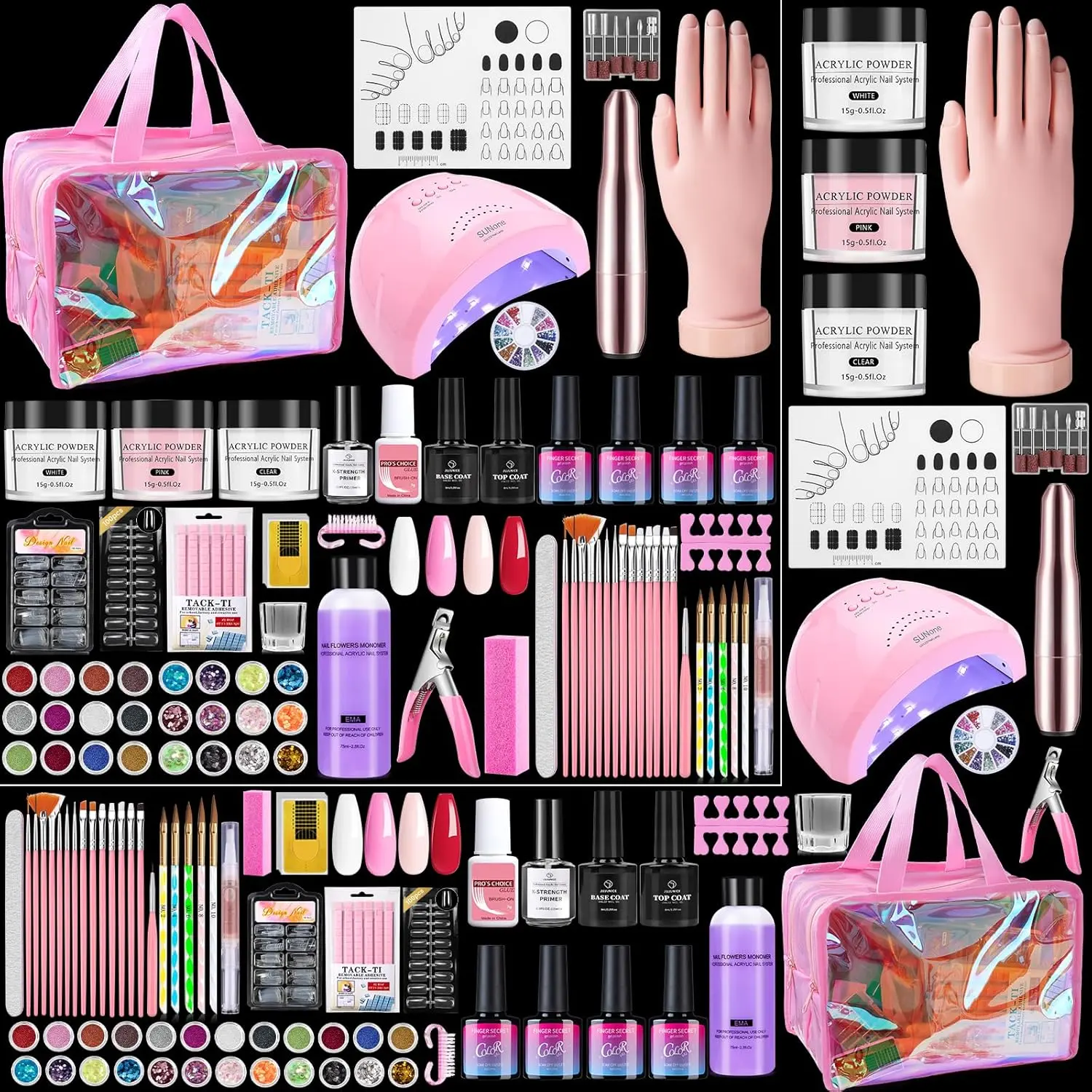Nail Kit for Beginners with Everything: Professional Nail Kit Acrylic Set with Practice Hand Drill U V Light Gel Polish in Makeup Bag Gift for Women Salon Home (Holo Pink), Nail Polish, Manicure