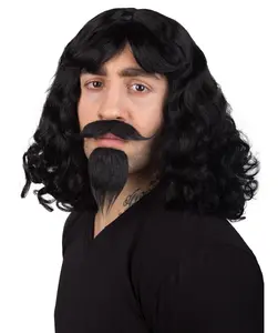 Men's Black Color Wavy Shoulder Length Muskateer Wig with Mustache and Goatee, Ideal Natural Fashion Beautiful Self Adhesive Mustache