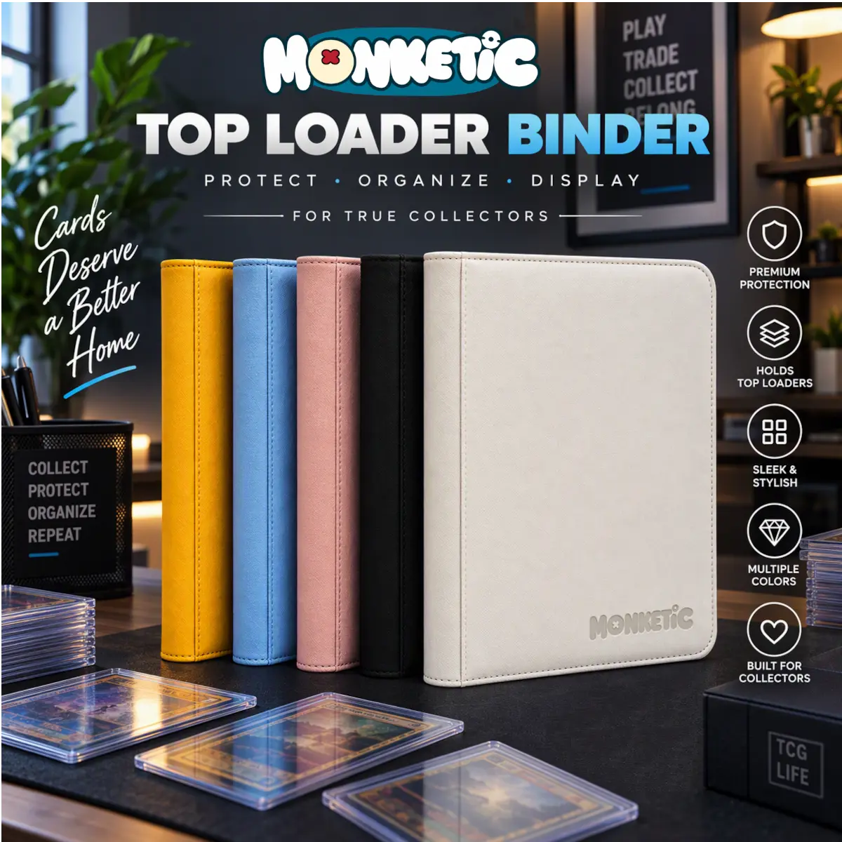 Monketic Top Loader Zip Binder - Special Edition - 4 Pocket 128 Cards - 9 Pocket 360 Cards