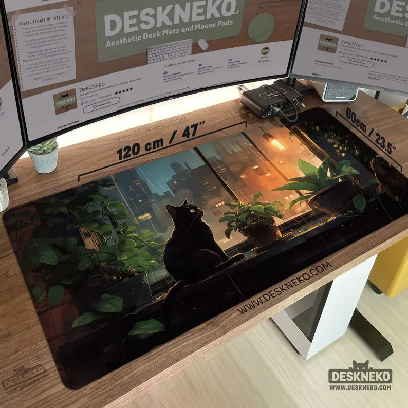 Cozy Cat Desk Mat, Lofi Mouse Pad, XL Gaming Mousepad ledrgb extra large anime deskmat xxl, dark academia plants aesthetic, Cute decor gift, Desk Mat Gifts