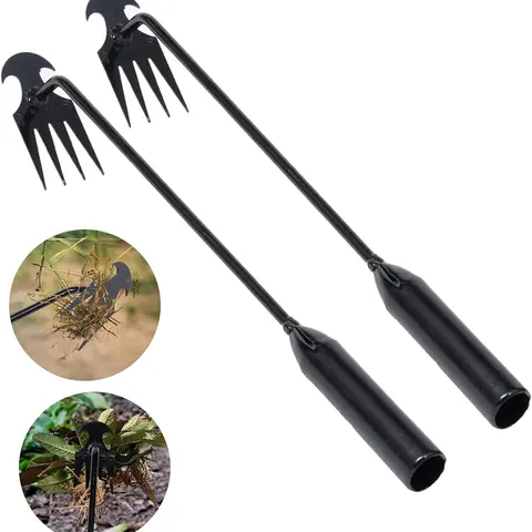 Weed Puller Tool Garden Weed Pulling Tool, Portable Garden Weeder Tool Uprooting Weeding Tool, 4 Teeth Manganese Steel Forged Hand Weeder for Vegetable Gardening Backyard Farm Planting & Weeding Handle
