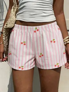 Pink White Striped Cherry Print Drawstring Shorts - 2026 Trending Dopamine Sweet Girl Loungewear, Soft Fabric Perfect for Home & Daily
