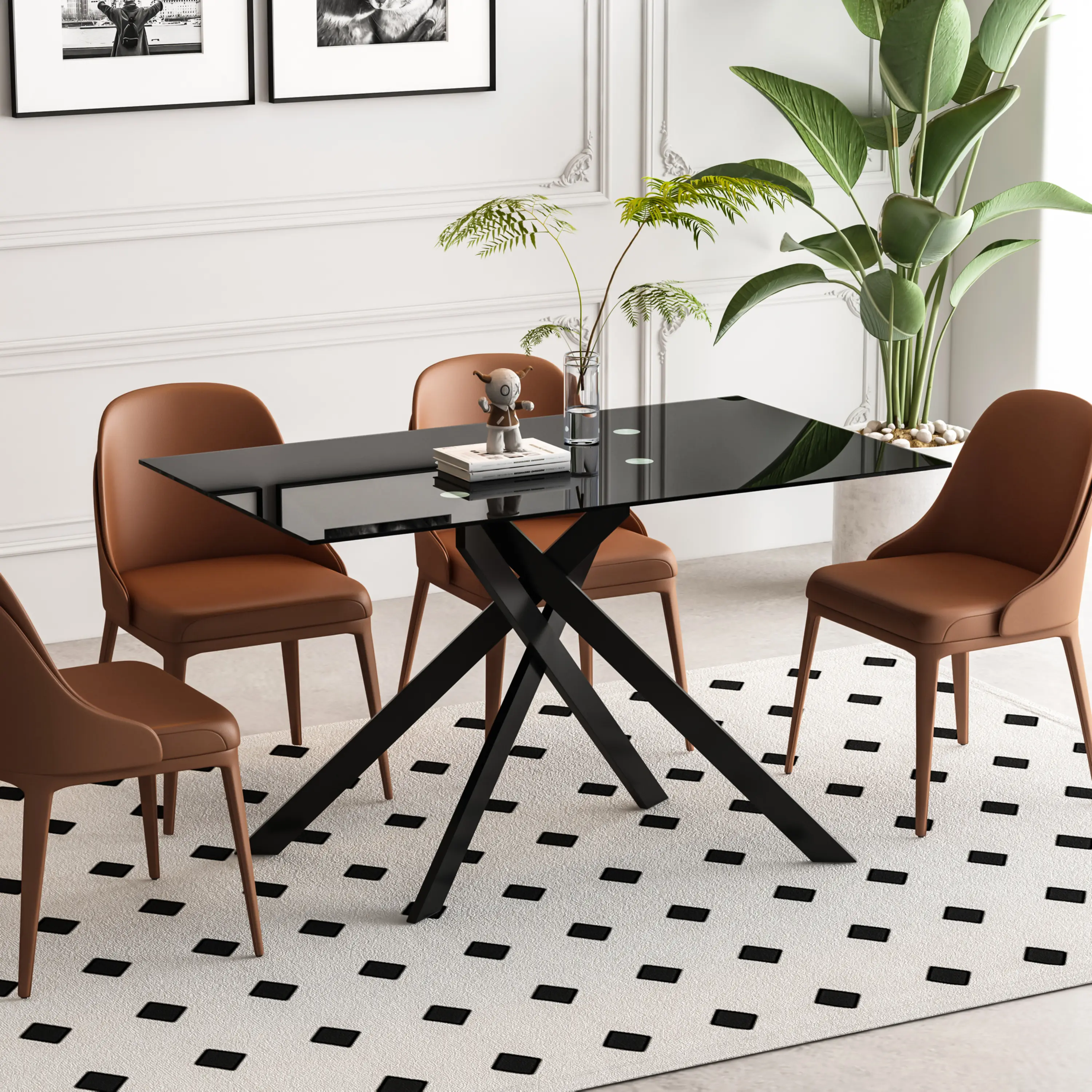 51in Compact Assembled Rectangular Kitchen Table - Modern Indoor Furniture, 8mm Tempered Glass Top, Black Metal Legs, Space-Saving for Small Apartments, Durable, Easy to Clean, Modern Furniture