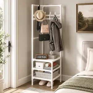 Corner Coat Rack with Multi-Tier Shelves Freestanding Entryway Organizer for Coats Bags Shoes Bedroom