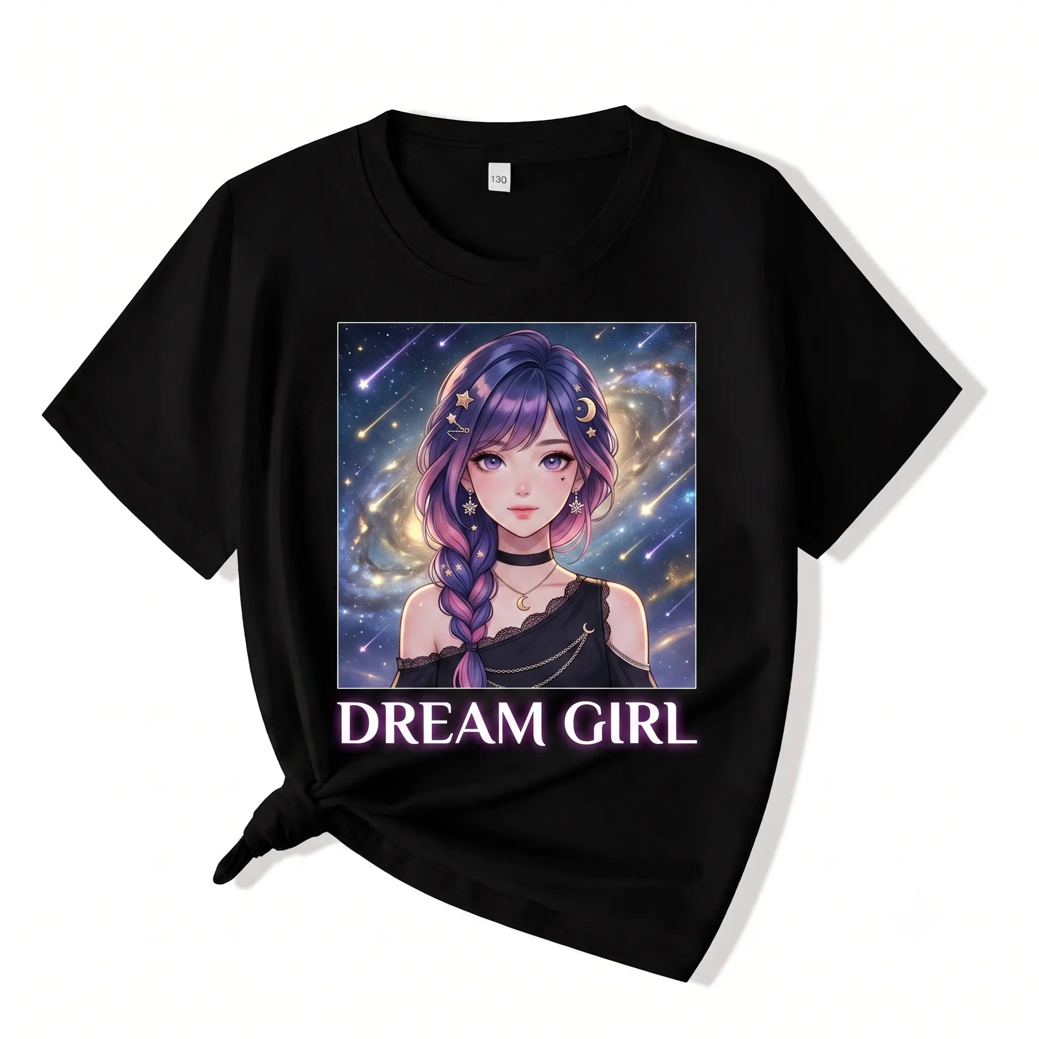 Custom Dream Girl Celestial Galaxy Anime Graphic T-Shirt for Girls, Kids Cosmic Starry Sky Fashion Top, Cute Short Sleeve Tee