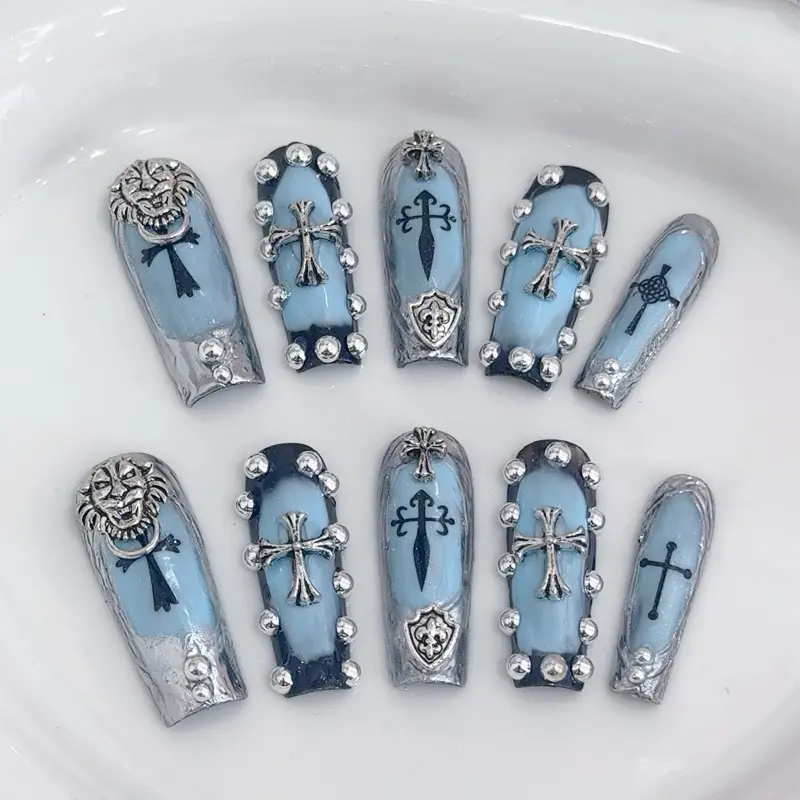 Goth Vintage Ice Blue Press-On Nails | Coffin Long Fake Nails with Silver Lion & Cross Charms, 3D Punk Y2K Luxury Handmade Nails⁠