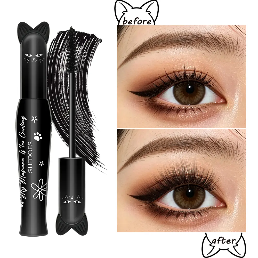 Cat Mascara, Waterproof Lengthening Curling Mascara, 36H Long-Lasting Black Mascara, Smudge-Proof No Clump Formula for Natural Lashes
