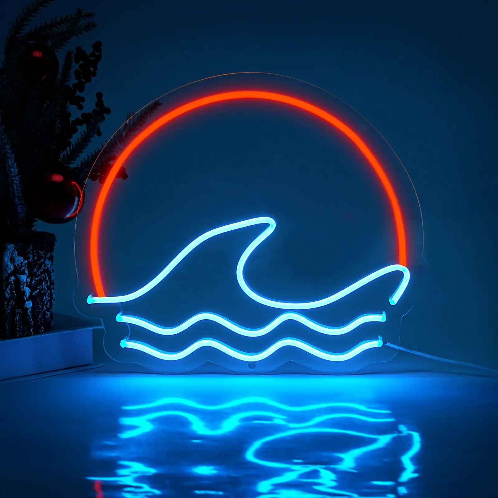 13.78"W * 11.8"H Sun Sea Led Neon Light Sign Usb Powered, for Bedroom Living Room Game Room Mancave Wall Decor, Ice Blue and Red