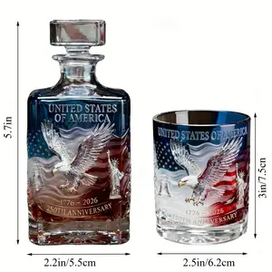 2pcs US 250th Anniversary Whiskey And Glass Bottle Set, Decorative Bottles, 250th Anniversary Decanter, Suitable for Bourbon, Scotch Whiskey Or Wine, Perfect Gift for Father's Day, July 4th, Independence Day And Home & Office Decoration