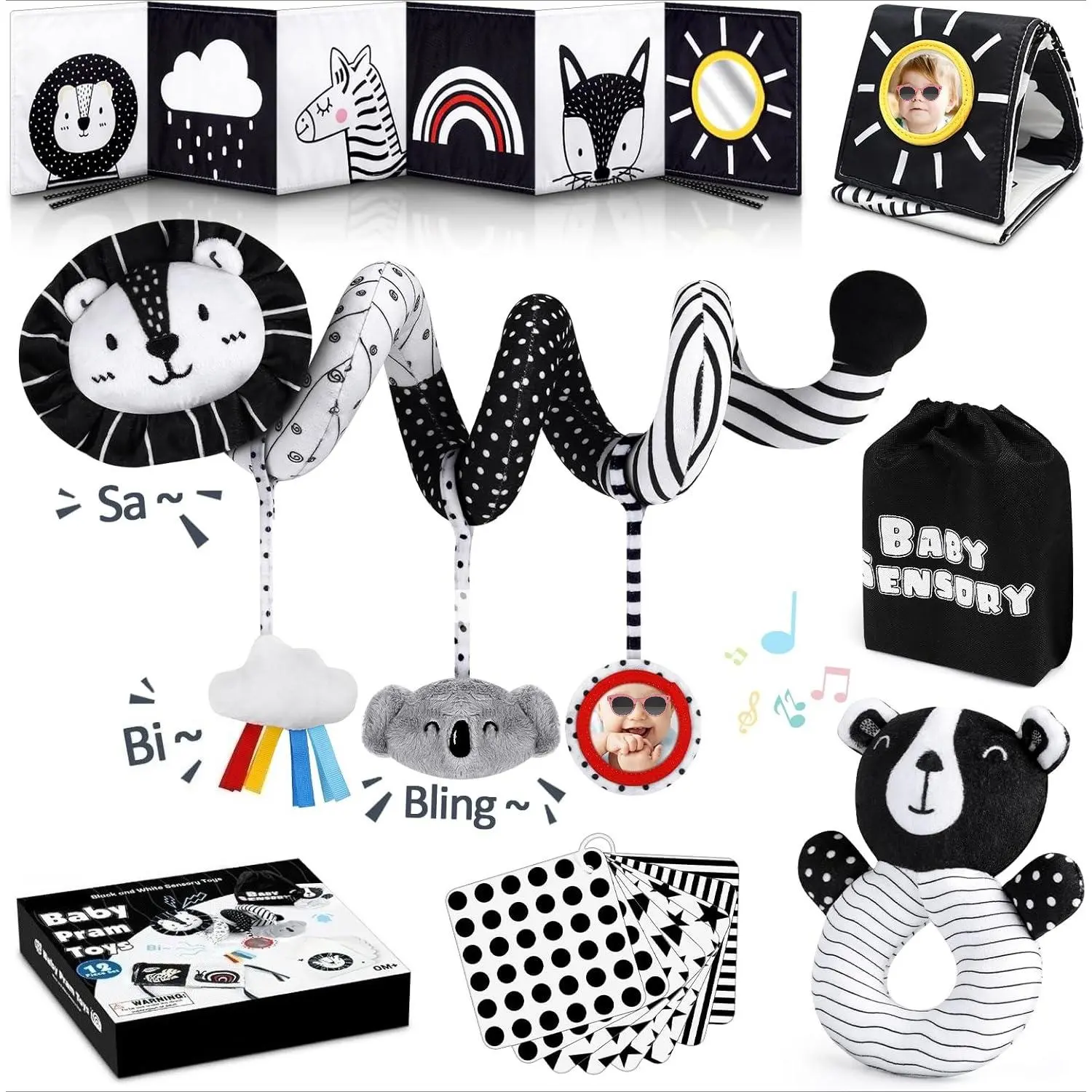 P-PLT017   High Contrast Baby Toys for Newborn, Black and White Baby Sensory Toys with Car Seat Toys,Infant Toys with Black White Cards Book, Montessori Toys for Baby Gifts