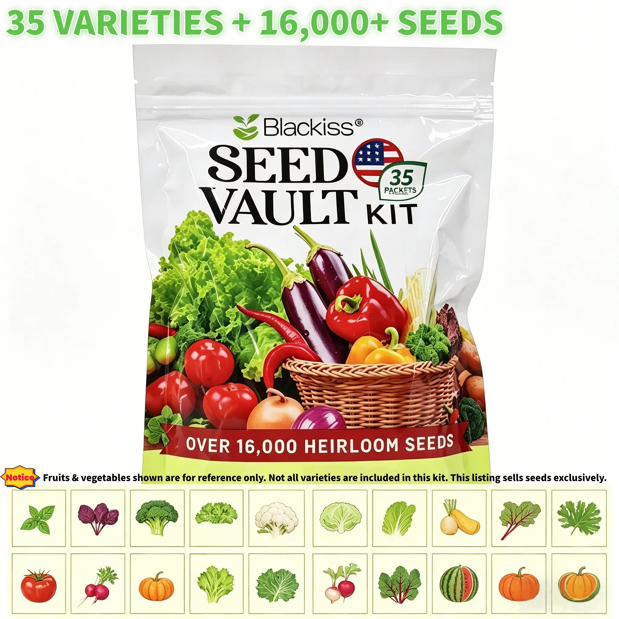 Blackiss Heirloom Survival Seed Vault Kit – 35-Variety Non-GMO Vegetables, 16,000+ Count for Planting, Long-Term Food Storage Garden Essential