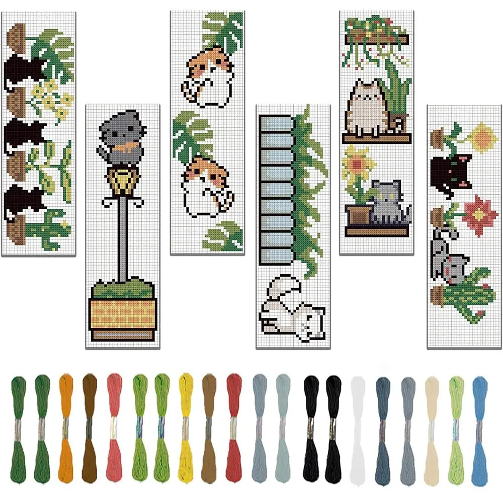 Cartoon Cat & Plant Pattern Cross Stitch Kit, 6pcs/set DIY Cross Stitch Kit with Random Color Accessories, Embroidery Craft, Handicraft, Cross Stitch Kit for Beginners, Handmade Gifts