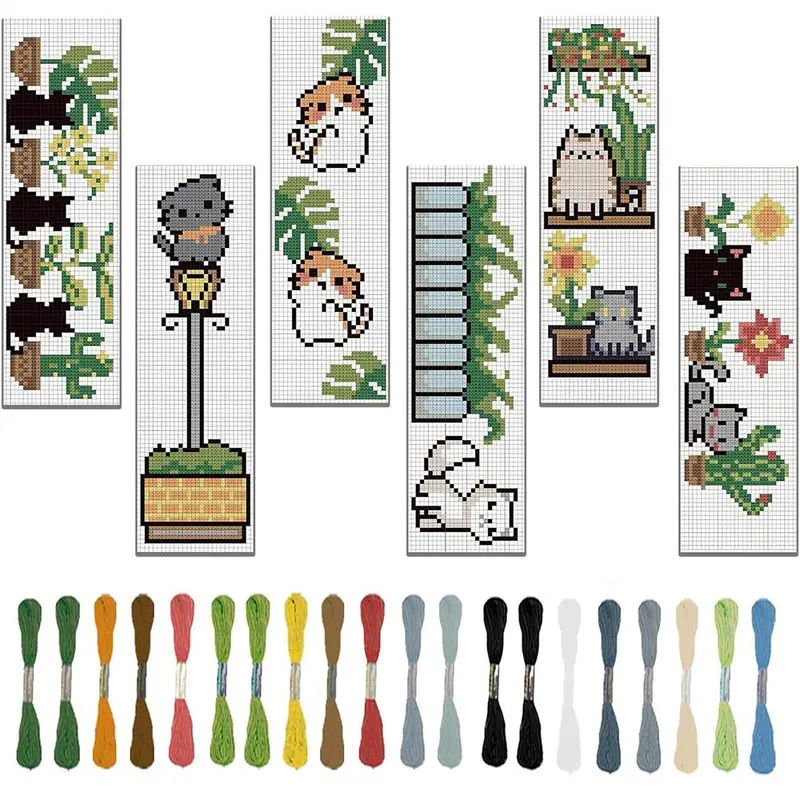 Cartoon Cat & Plant Pattern Cross Stitch Kit, 6pcs/set DIY Cross Stitch Kit with Random Color Accessories, Embroidery Craft, Handicraft, Cross Stitch Kit for Beginners, Handmade Gifts