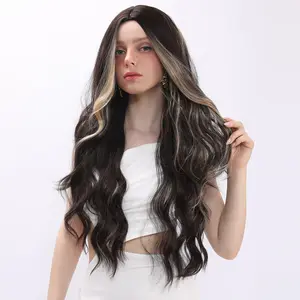 SMILCO/32 Inches Dark Brown Highlight Long Wavy Synthetic Wig Daily Style /SM7669
