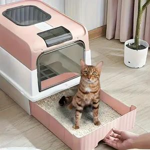 Fully enclosed foldable cat litter box with deodorizing drawer and splash guard