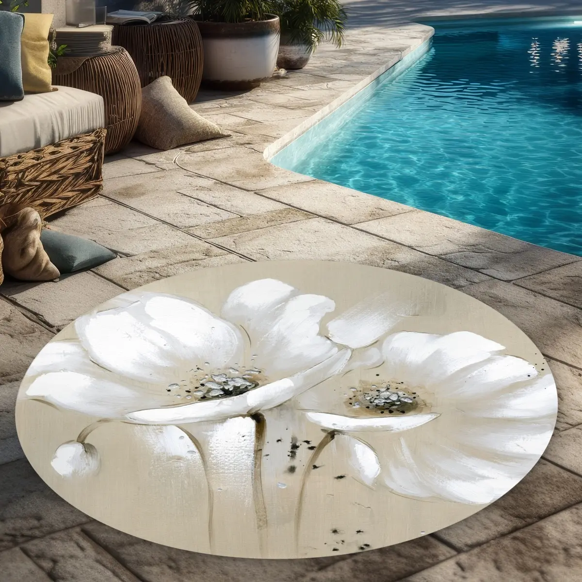360 stand Round Boho Floral Rug - 5x5 ft Weatherproof White Wildflowers Print, Botanical Area Rug, Nature-Inspired Contemporary Indoor-Outdoor Home Decor for Bedroom, Botanical Area Rugs