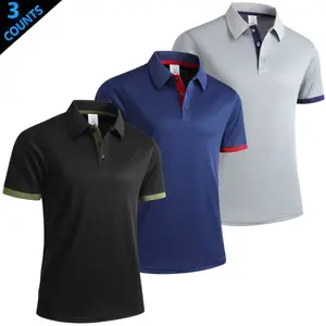 Men’s quick-dry color-block polo shirt featuring a classic turn-down collar paired with front button closure for a refined look. Gray contrast piping at the cuffs adds a touch of detail. Short sleeves are designed for versatile wear across multiple season