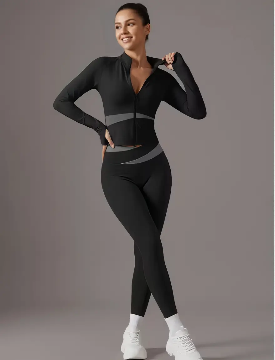 2-piece women's sports set, including a yoga jacket paired with slim-fit trousers, featuring a color-blocked cardigan design. Perfect for yoga, fitness, tennis, golf, and everyday wear. A great gift choice for festive occasions.