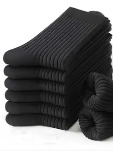 Men's 6 Pairs Striped Mid-Calf Socks Set, Breathable Sweat-Absorbing Classic Plain Design, Casual Business Daily Wear
