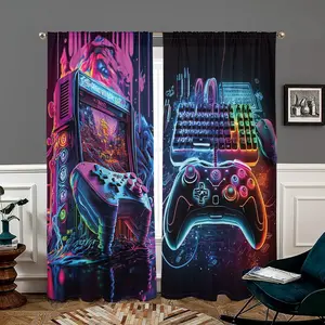 Game Console Pattern Door Curtain, 2 Counts/set Retro Game Controller Printed Curtain, Home Decor for Bedroom, Living Room, Kitchen, Wardrobe, Study Room
