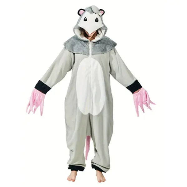 Women's Funny Cartoon Opossum Print Long-Sleeve Onesie Nightwear Set - Winter Polyester Loungewear with Pockets, Front Zipper, Washed Look, Unisex Sizes for Halloween Costume, Easy At-Home Halloween Costume
