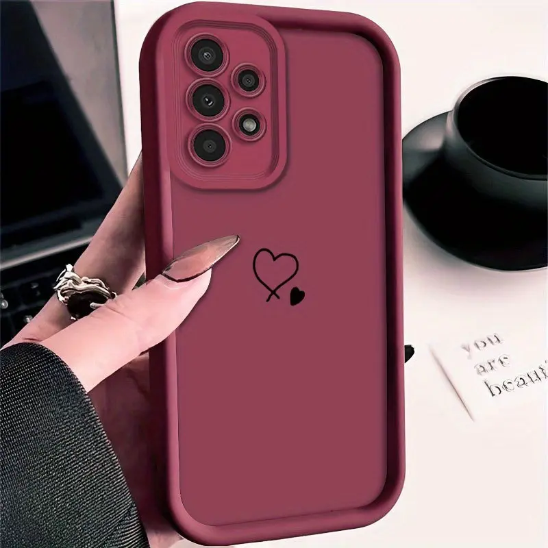 Wine Red High Bamboo Double Heart Fashion Pattern Smartphone Casing for Samsung Galaxy S24 Plus S24+ S25 S23 S22 S21 Ultra FE, Soft TPU Handheld Cellphone Device Cover with Full Camera Lens Protection, 2D Printed Rugged Gift, Devices