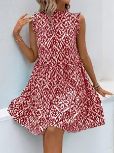 Beach Vacation Ruffled Collar Print Sleeveless Vest Dress, Boho Style, Bohemian, Loose-Fitting Short Dress, Geometric Pattern, Women's Fashion, Womenswear, Casual Wear