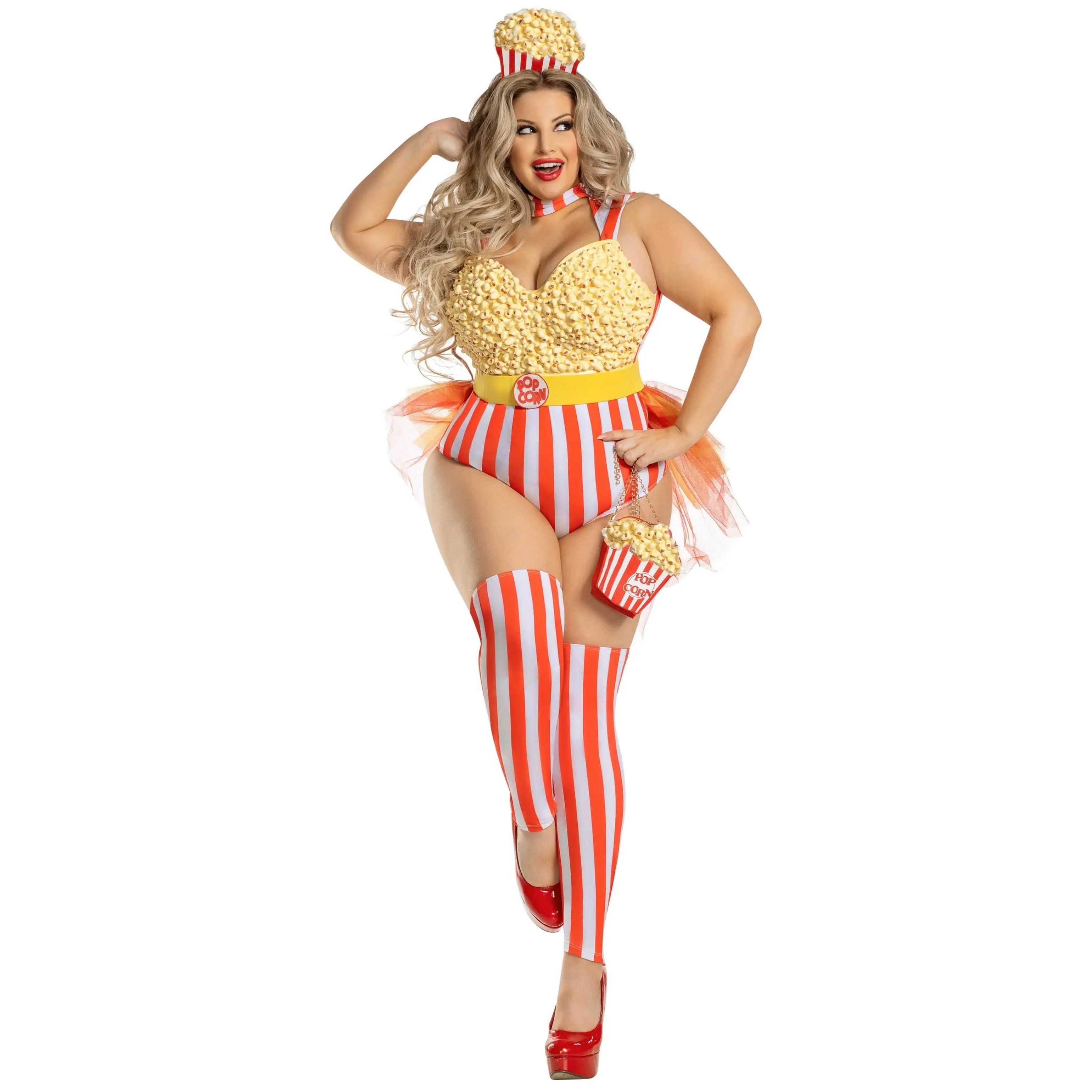 Women's Plus Size Popcorn Party Babe Halloween Costume, Matching Teddy Clothes with Stockings Accessories, Fit, Striped, Leg, Lady, Stretchy, Teddy Suit