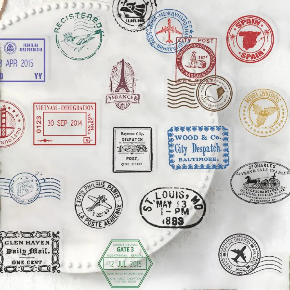 60pcs Retro Stamps Transparent PET Material Series Graffiti Decorative Stickers Suitable for Suitcases, Mobile Phone Cases, Laptops, Helmets, Skateboards Waterproof Decoration DIY Creative Stickers