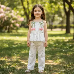 Little Girls 2-Piece Summer Outfit Set with 3D Tulip Applique Floral Cami Top and Matching Wide Leg Pants for Ages 4-7 Years. Sweet Breathable Sleeveless Clothing for Spring Break, Beach Vacations, Birthday Parties, and Outdoor Garden Picnics.