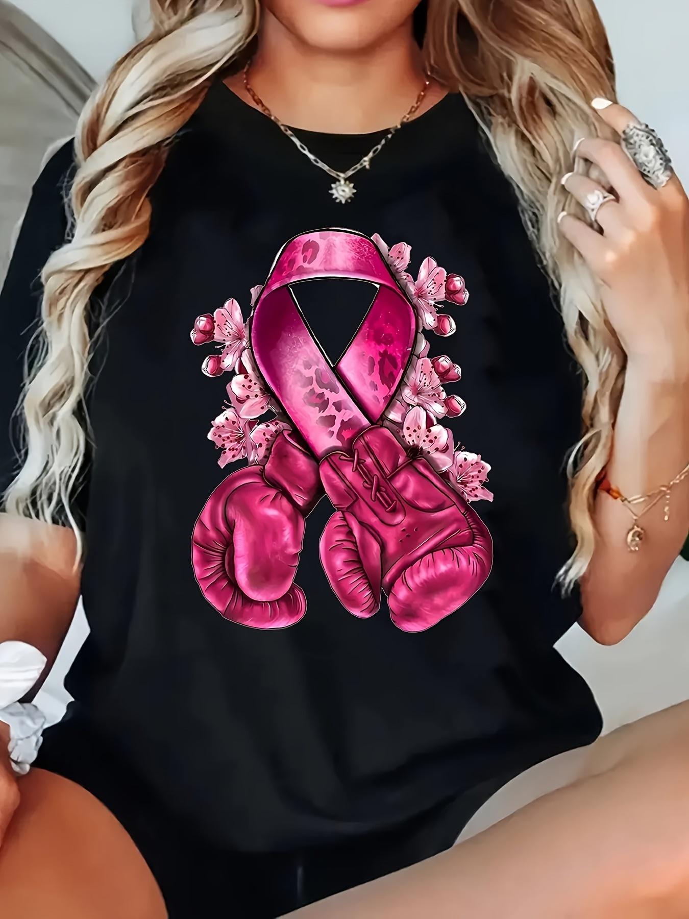 Women's Plus Size Breast Cancer Awareness T-Shirt - Pink Ribbon & Floral Boxing Gloves Design, Soft Breathable Summer Top with Supportive Cause Apparel, Fit Casual Short Sleeve Crew Neck Shirt