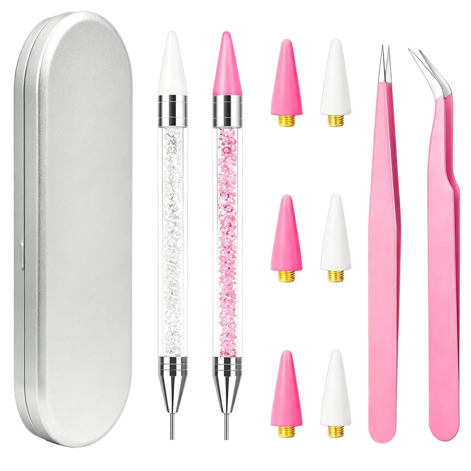 Christmas Gift Rhinestone Picker Tool, 2PCS Bedazzling Pen with 6 Extra Wax Tips Bedazzling Tools with Diamond Painting Dotting Pen, 2 Precision Tweezers, Storage Box, Rhinestone Applicator for DIY Nail Art