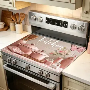 1pc 2D Flat Stove Cover Protector Kitchen Scene with Pink Pots And Items Marked "Kitchen" Concise Elegant Non-Slip Heat-Resistant Kitchen Countertop Protector Multi-Purpose Design 28.35 X 20.47 Inches