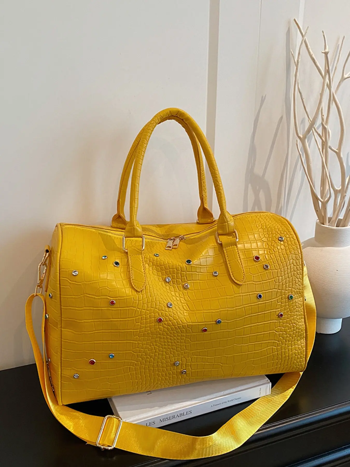 Bright Crocodile Pattern Large Capacity Travel Bag, Fashionable Duffel Bag, Handheld Crossbody Luggage, Fits Suitcase, Fashion Rhinestone Decor, Gym Tote, Multifunctional Travel Duffel, Travel Duffle Bags, Travel Weekender Bag