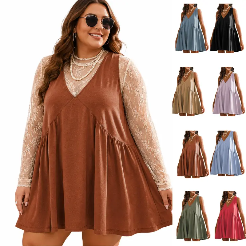 SCUSTY Plus Size L-XXXXL Women's V-Neck Sleeveless Tank Mini Dress Casual Loose A-Line Short Sundress with Side Pockets