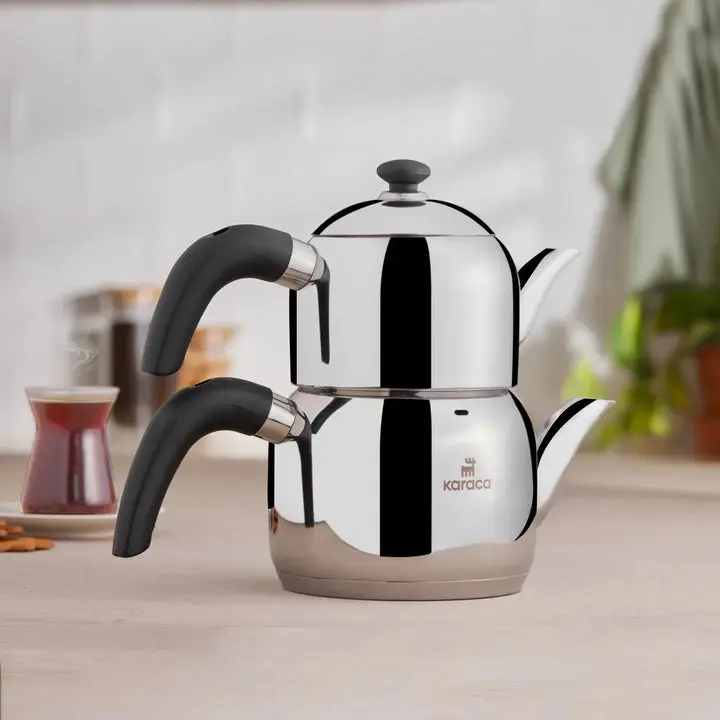 Karaca Edge Small Stainless Steel Tea Pot Set, Induction Compatible, Silver & Black