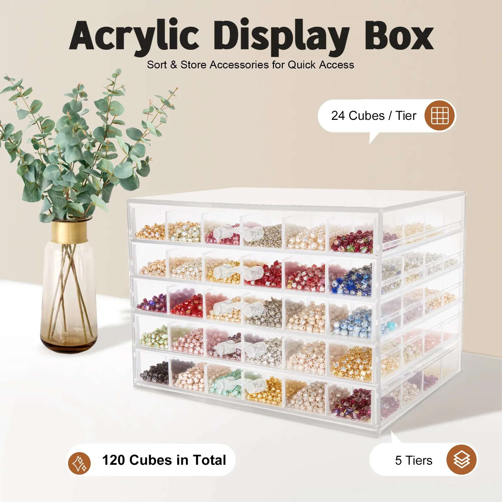 CNCEST Transparent 5-Drawer Acrylic Plastic Storage Bins - 120-Compartment Water Resistant Multilayer Storage Cabinet Organizer for Women's Rhinestones, DIY Nail Decor - Space-Saving Organizer