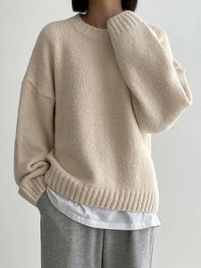 women's vintage lazy style sweater, autumn winter pure color soft knit top, round neck casual fashion pullover, knitwear versatile high-end look