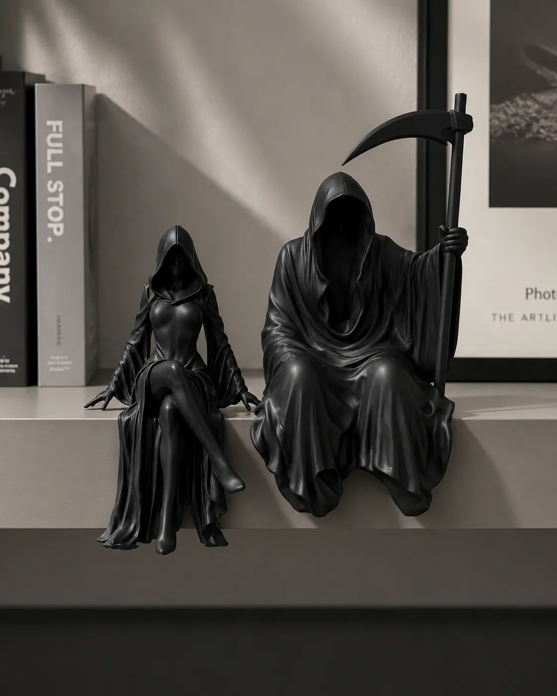Witch and Grim Reaper Sitting Statue Couple Figurine – Gothic Dark Fantasy Bookshelf Decor, Halloween Witch Death Couple Sculpture, Spooky Resin Ornament, Alternative Aesthetic Shelf Display, Unique Collectible Gift