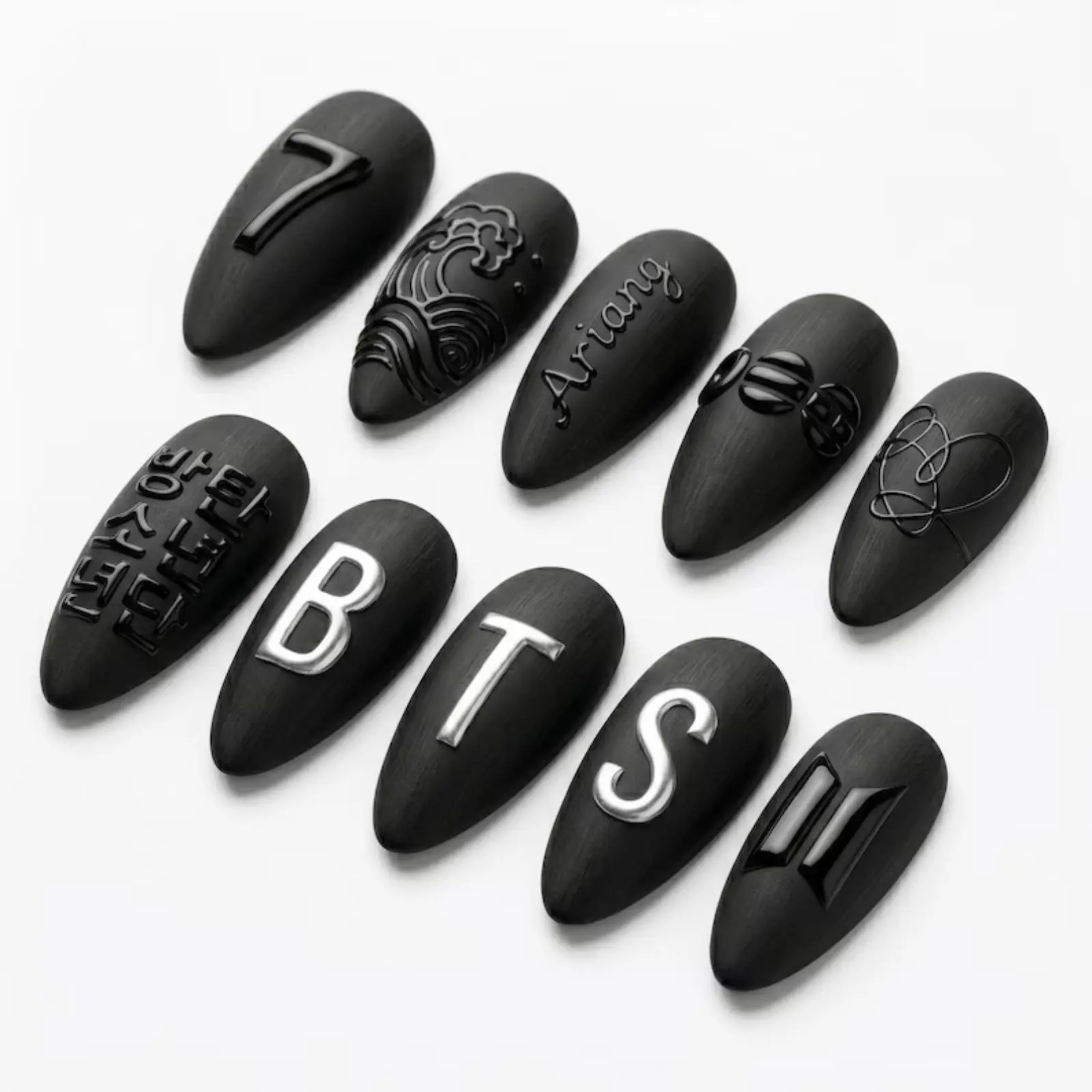 Minimalist Kpop Press On Nails | Matte Black Arirang Nail Set | Concert Inspired Korean Letter Gel Nails | Custom Kpop Fake Nails