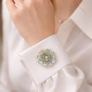 Blue Flower Cufflinks for Women, Floral Shirt Cuff Button Covers, Elegant Gold Tone Jewelry, Wedding Gift, Vintage Style Accessories