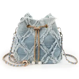 Denim Bucket Bag for Women Y2K Quilted Hobo Crossbody Purse with Chain Strap