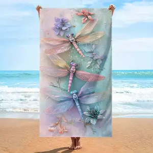 1 Piece Watercolor Dragonfly  Floral Beach Towel - Soft Bath Towel Featuring Light Pink Floral  Dragonfly Design Lightweight  Durable Suitable for Swimming Travel Camping  Pool
