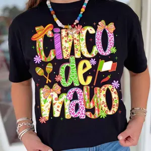 Floral Cinco De Mayo Bow Shirt, Preppy Mexican Fiesta T-Shirt, Patchwork Leopard Sombrero Chili Pepper Tee