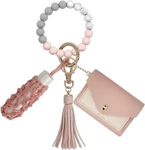 Silicone Key Ring Bracelets Wristlet Keychain Wallet with Net Chapstick Holder for Women